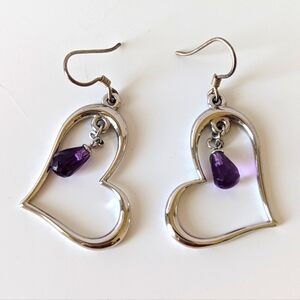 Open Heart Earrings with Purple Stone Pendant